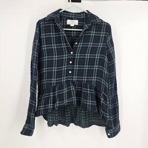 Trovata Birds of Paradise Peplum Top Green Blue Plaid Flannel Long Sleeve Sz XS